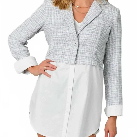 Mystree Women’s medium 2fer mixed blazer blue/gray & white mixed plaid pattern - Picture 2 of 8